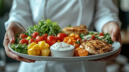 A chef presents a colorful plate of healthy food featuring vegetables, fruits, and a sauce, highlighting nutritious dining.