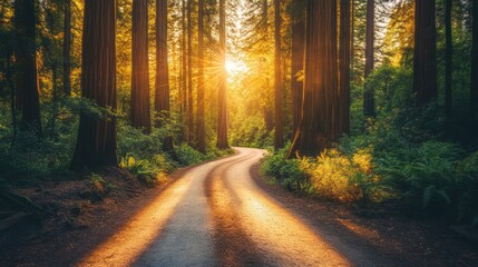 Fototapeta premium Sunset in Redwood Forest: A Serene Path