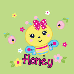Vector illustration of cute bee with beautiful flower