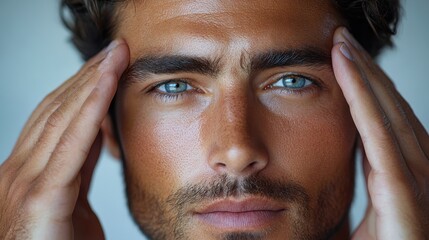 Fototapeta premium Close-up portrait of a man with striking blue eyes and a thoughtful expression.