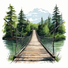 Obraz premium the AI Image Generator, Suspension Bridge Over Serene Forest River Landscape