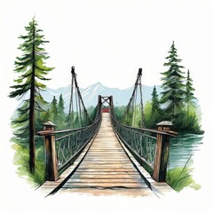 Obraz premium the AI Image Generator, Suspension Bridge Over Serene Forest River Landscape