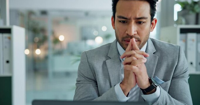 Business man, thinking and decision with reading, planning and stock market choice or problem solving. Trader, office and research for solution and administration at job with idea for opportunity