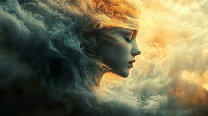 Serene Woman in Dreamy Clouds: A Mystical Digital Painting