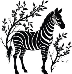 Obraz premium Black and White Zebra Illustration: Striking Silhouette Art of a Zebra Standing Near Trees, Wildlife Animal Graphic Design