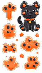 Cute cartoon black puppy with orange paw prints.