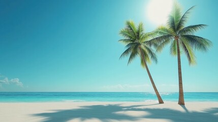 Obraz premium Relaxing palm trees on serene beach with crystal clear waters tropical paradise coastal landscape daylight viewpoint nature scene