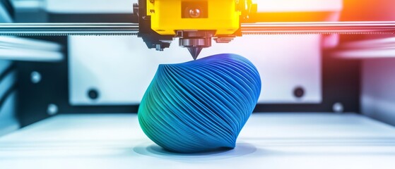 A 3D printer is creating a vibrant blue and green object, showcasing advanced technology and precision in modern manufacturing.