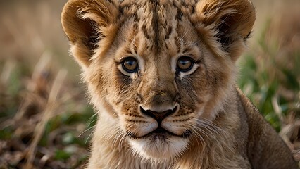 Adorable Lion Cub Close Up Portrait in Grassland