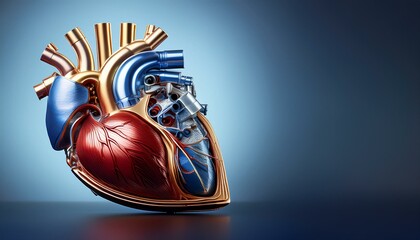 Detailed 3D render of a human heart, showcasing its intricate internal structures in metallic hues.