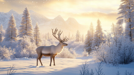 A majestic caribou standing in the snowy wilderness, surrounded by snow-covered trees and mountains under soft sunlight