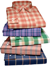 A stack of plaid structured shirt