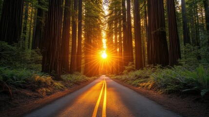 Obraz premium Sunset Drive through Redwood Forest: A Golden Hour Journey