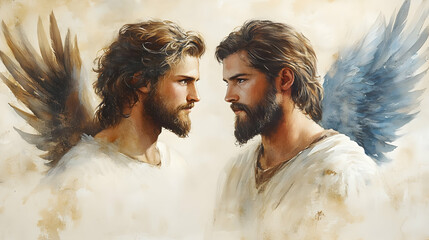 Angelic Beings: Watercolor Painting of Two Winged Figures, Divine, Celestial, Spiritual, Heavenly, Seraph, Cherub,  Holy,  Sacred,  Mystical,  Faith