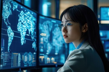 A HR manager uses digital tools to manage global recruitment and network connections.
