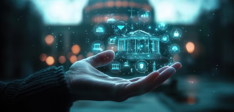 A professional presents holographic icons symbolizing public sector services for society.