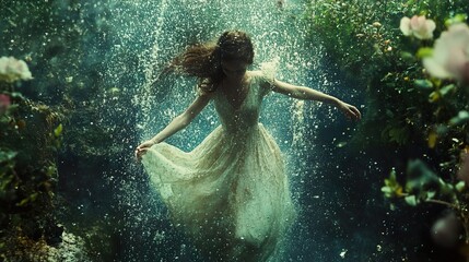 Enchanted Underwater Woman in Flowing Dress
