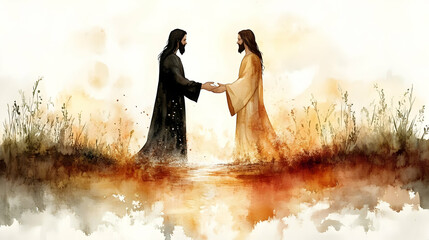 Two Figures Exchange Peaceful Handshake, Waterside Serenity, Spiritual Artwork