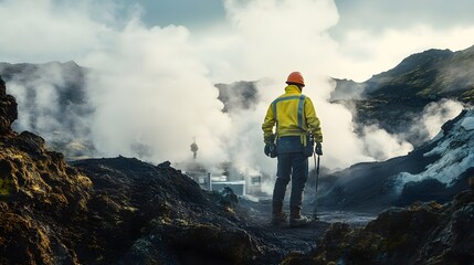 Obraz premium Geothermal Worker Surveys Volcanic Steam Plant