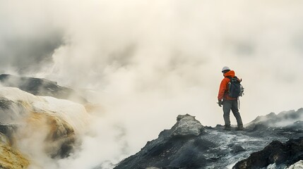 Obraz premium Lone Explorer Surveys Volcanic Landscape Amidst Steam