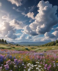 Obraz premium Panoramic view of wild flowers in full bloom against a backdrop of fluffy clouds, outdoors, meadow, landscape