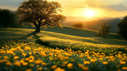 Obraz premium Golden Sunset Illuminates Flower Field Landscape with Majestic Tree