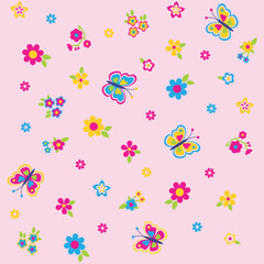 Seamless vector illustration of cute butterflies with floral decoration.