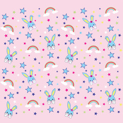 Seamless vector illustration of cute bunny with floral decoration.