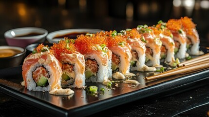 Fresh Salmon Sushi Roll with Roe and Garnishes