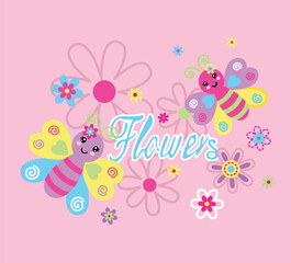 Vector illustration of cute butterfly with beautiful flower