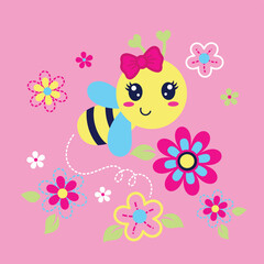 Adorable bee vector illustration holding a vibrant flower, surrounded by cheerful and whimsical details  
