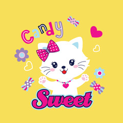 Cute cat with vibrant floral decoration on its head. Colorful and charming vector illustration.
