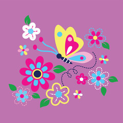 Vector illustration of cute butterfly with beautiful flower