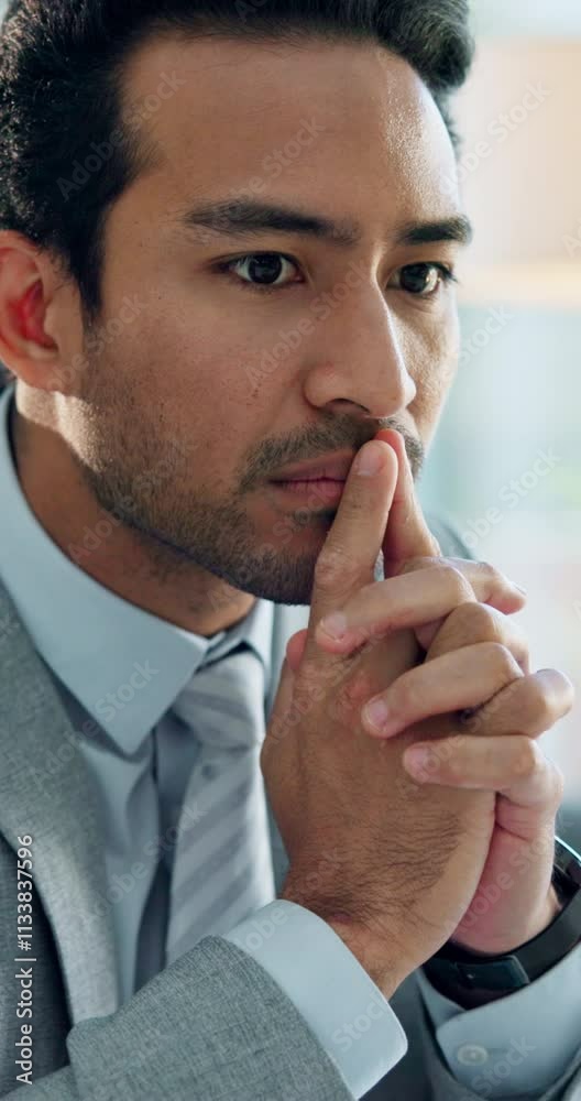 Poster business man, thinking and decision for investment planning and stock market choice or problem solvi