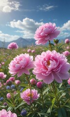 Fototapeta premium Pink peonies in a wildflower meadow against a bright blue sky, outdoor decor, nature landscape, peaceful atmosphere