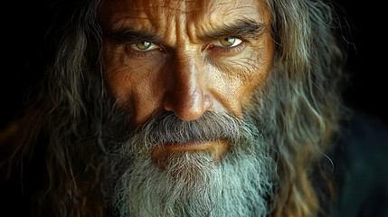 Aged Man's Intense Gaze, Long Hair, White Beard, Close-Up Portrait Photography