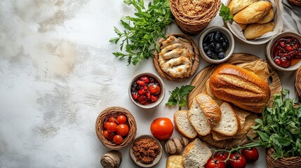 Freshly Baked Bread and Assorted Mediterranean Foods Surrounded by Herbs and Vegetables on a Light Surface Perfect for Food Styling and Culinary Photography