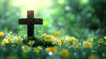 Cross Stands in a Field of Yellow Flowers