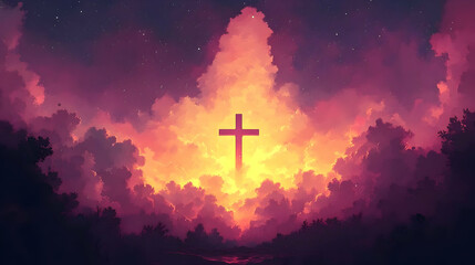 Obraz premium Cross in Fiery Sunset Sky, Hopeful Night, Peaceful Spiritual Journey, Divine Light