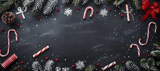 A black chalkboard-like background with bright white chalk-style Christmas designs, candy canes, and tiny red bows