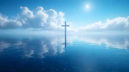 Cross Stands in Calm Ocean, Reflecting Faith, Hope, and Peacefully Serene Sky. Spiritual Symbolism.