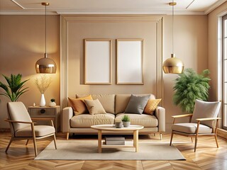 Fototapeta premium 3D-rendered mockup: elegant beige living room with framed wall art, ideal for interior design and home decor.