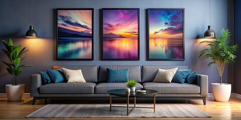 Abstract art pops within three thin black frames, creating a surreal and stylish living room aesthetic.