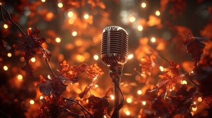 Vintage microphone amidst autumn leaves and warm lights.