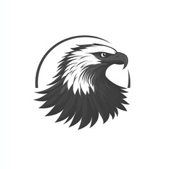 Monochrome eagle head emblem, stylized and outlined in a circular frame, highlighting the bird's powerful profile.