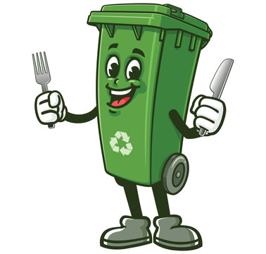 recommend clip art: Trash Bin  with fork and knife,  Cartoon Character Mascot Illustration Vector Clip-art Hand-drawn Logo Design 