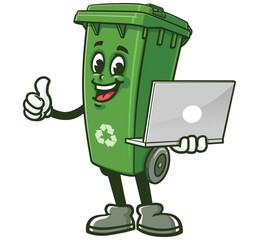Trash Bin  with Laptop,  Cartoon Character Mascot Illustration Vector Clip-art Hand-drawn Logo Design 