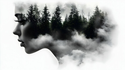 Forest Dreamscape: Woman's Face Merges with Misty Trees, Surreal Nature Art