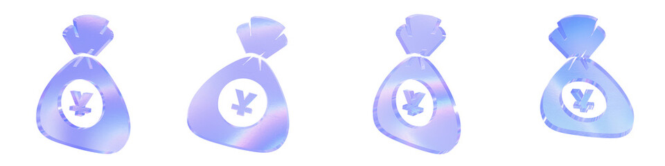 Set of 4 3d glass yuan money bag shape with aberration effect isolated on a transparent background. Blue tone. 3d transparent elements for graphic design.