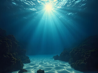 Naklejka premium Underwater view of the coral reef with fishes and rays of sunlight. generated by AI